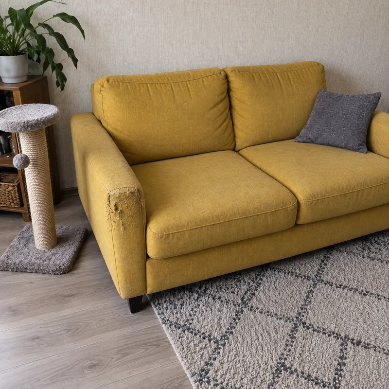 Горчичный диван с пятном мочи кота - после уборки