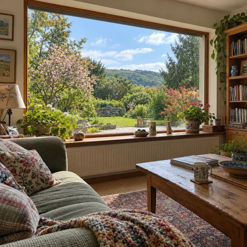 Окно загородного дома с видом в сад - после уборки